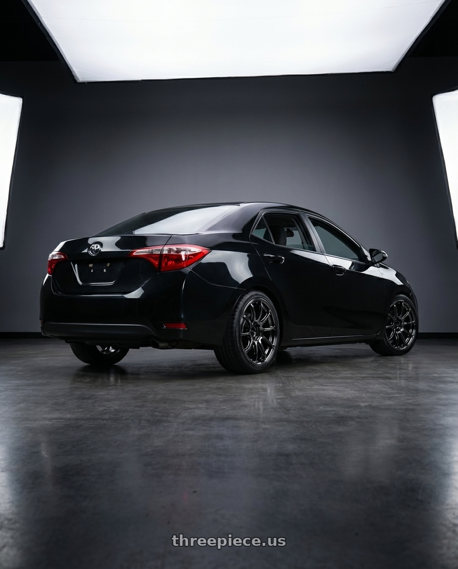 2014 Toyota corolla V E170, black with Advan Racing RSIII 5x114.3 19x8.5 +45 BLACK CHROME wheels rear three quarter view square tires