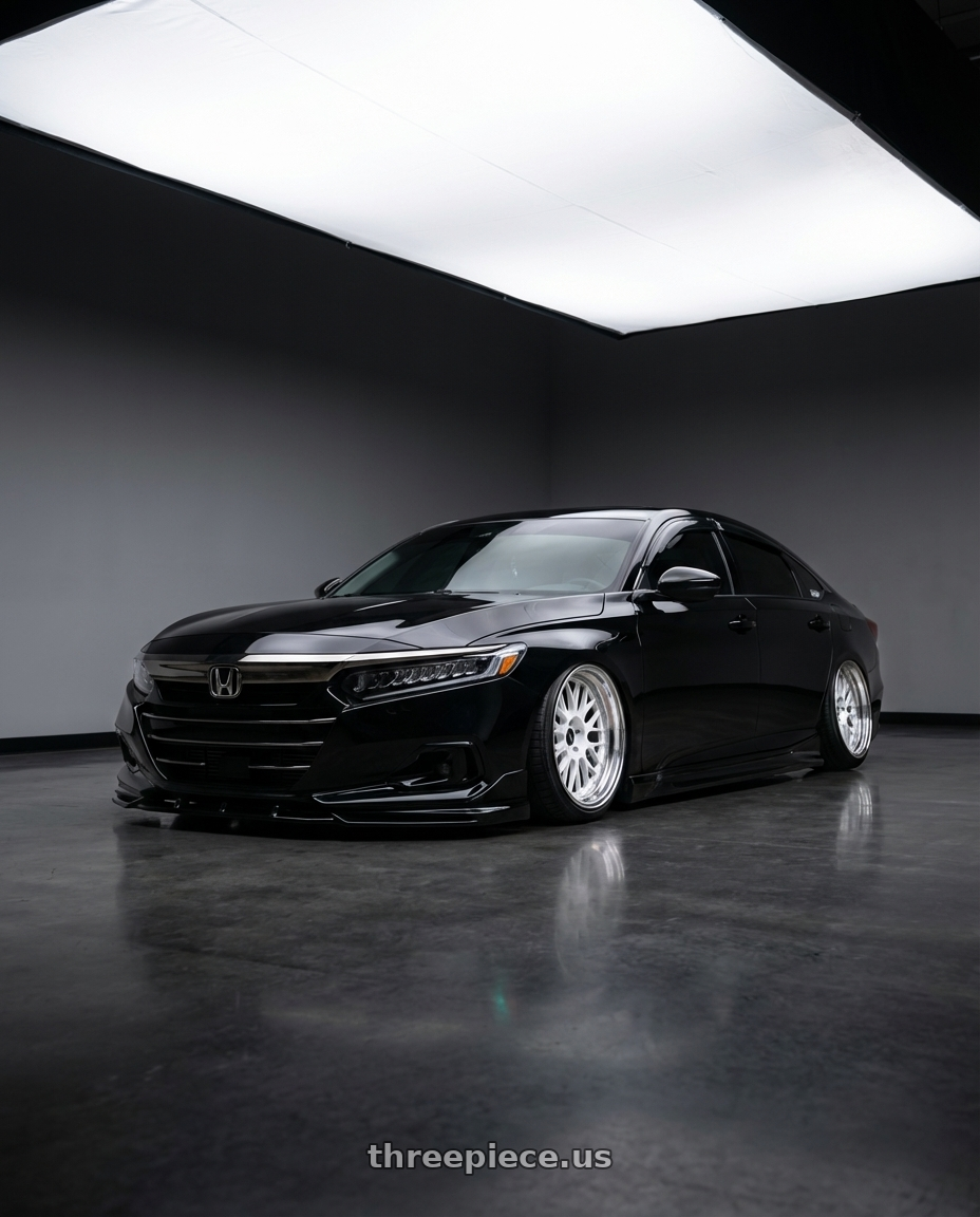2021 Honda accord with Volk Racing 21A 5x112 18x9.5 +20 DASH WHITE / DC wheels front three quarter view slammed stance