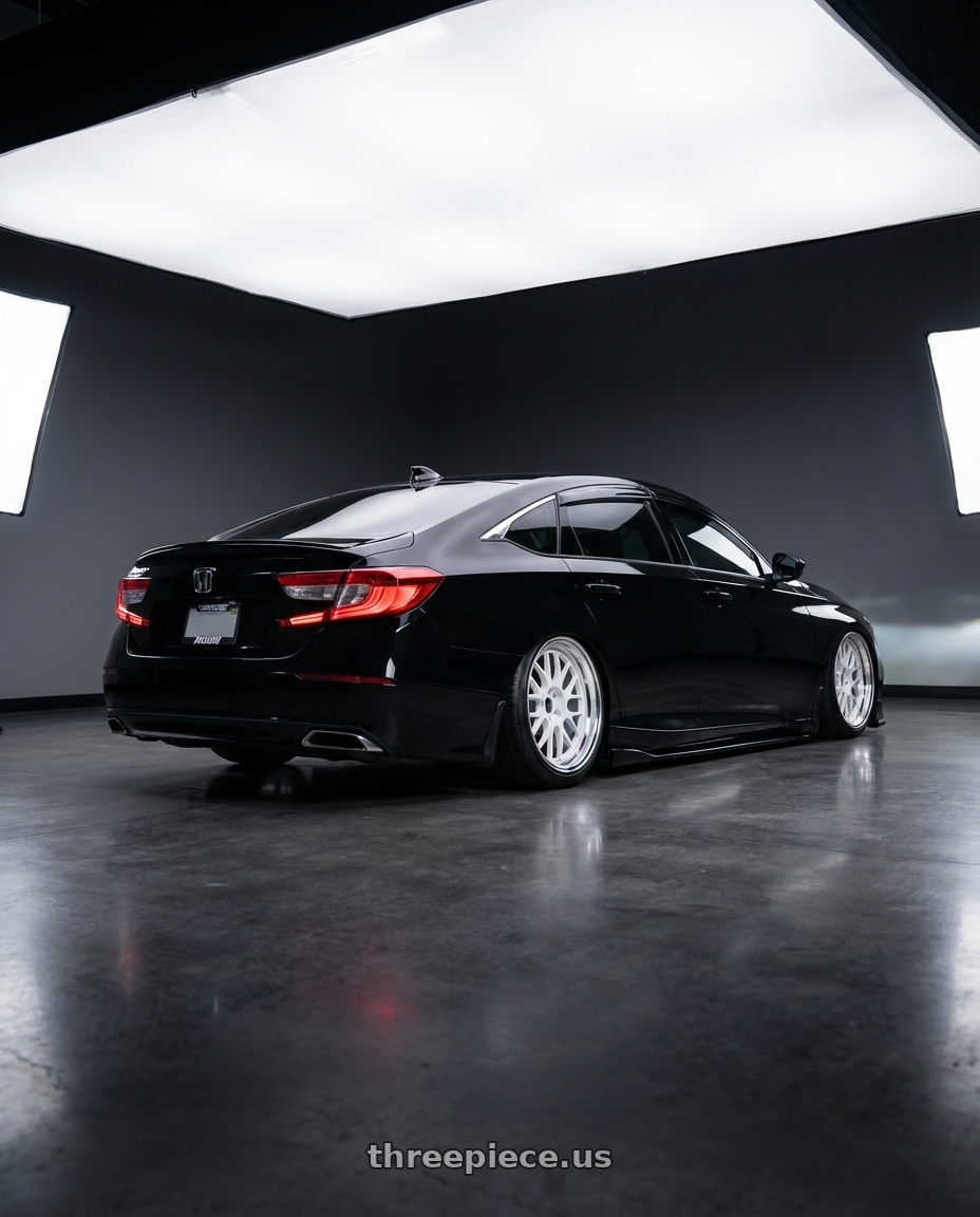 2021 Honda accord with Volk Racing 21A 5x112 18x9.5 +20 DASH WHITE / DC wheels rear three quarter view slight stretch tires