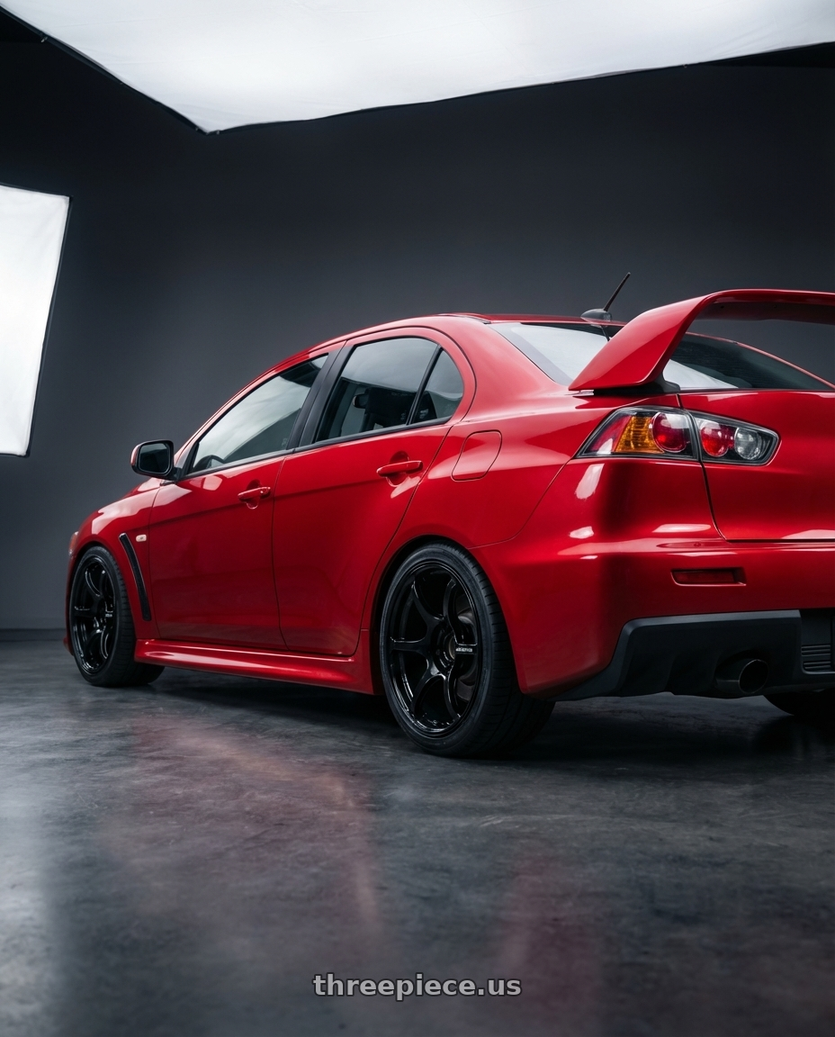 2012 Mitsubishi Lancer Evo X with Advan RGIII 5x114.3 18x10.5+25 Gloss Black wheels rear three quarter view square tires