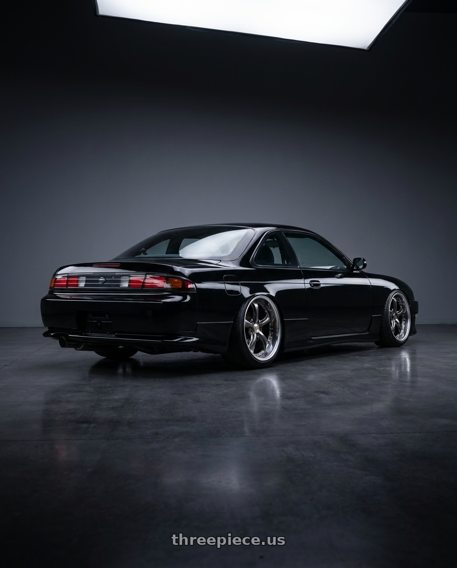 1996 nissan s14 with Work Wheels VS-KF 5x114.3 18x9.5+27 Brilliant Silver Black O Disk FULL REVERSE wheels rear three quarter view slight stretch tires