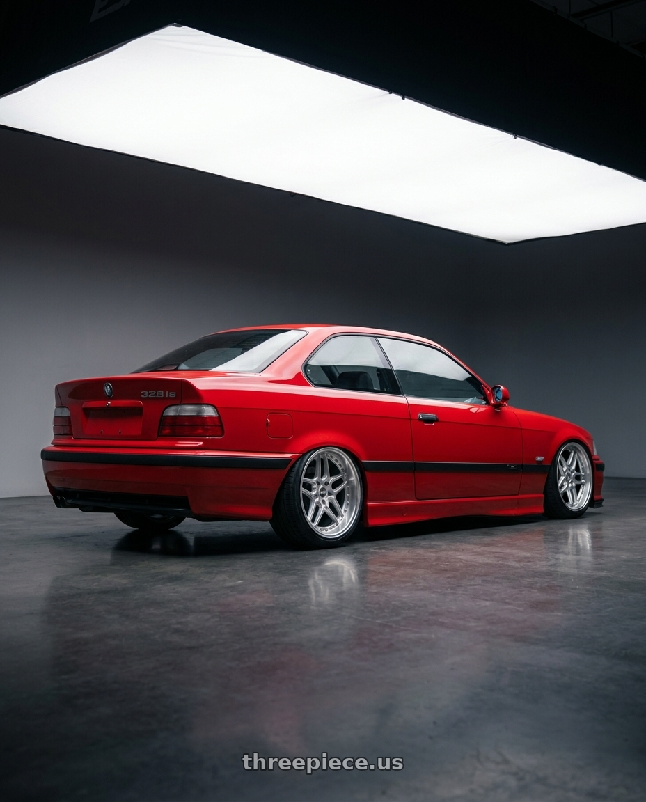 1996 BMW E36 328is with ESR Wheels CS SERIES CS15 5x100 18x9.5 +22 Hyper Silver wheels rear three quarter view slight stretch tires