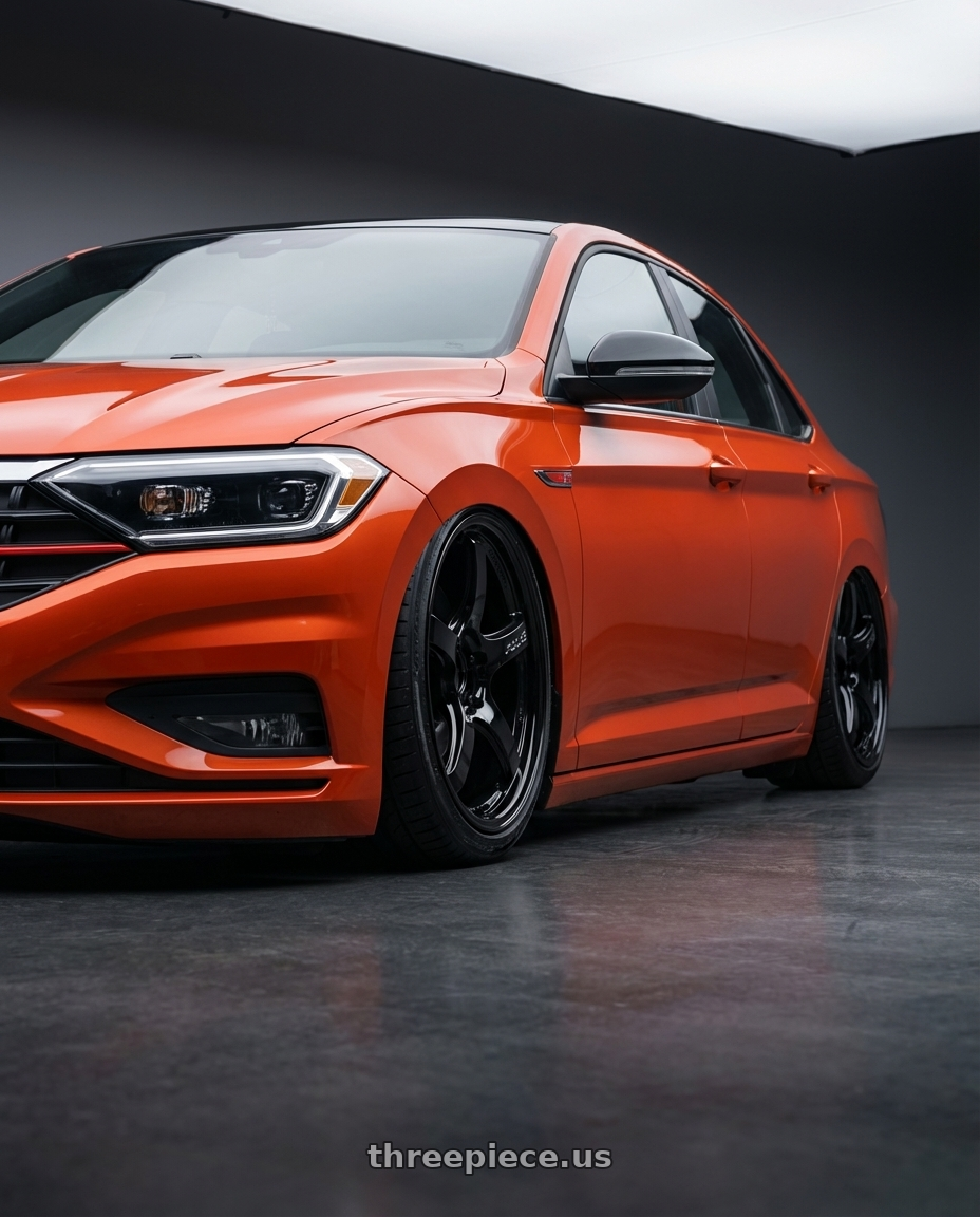 2023 Volkswagen Jetta GLI MK7 with Gram Lights 57CR 5x112 19x9.5+25 Glossy Black wheels front three quarter view stanced stance