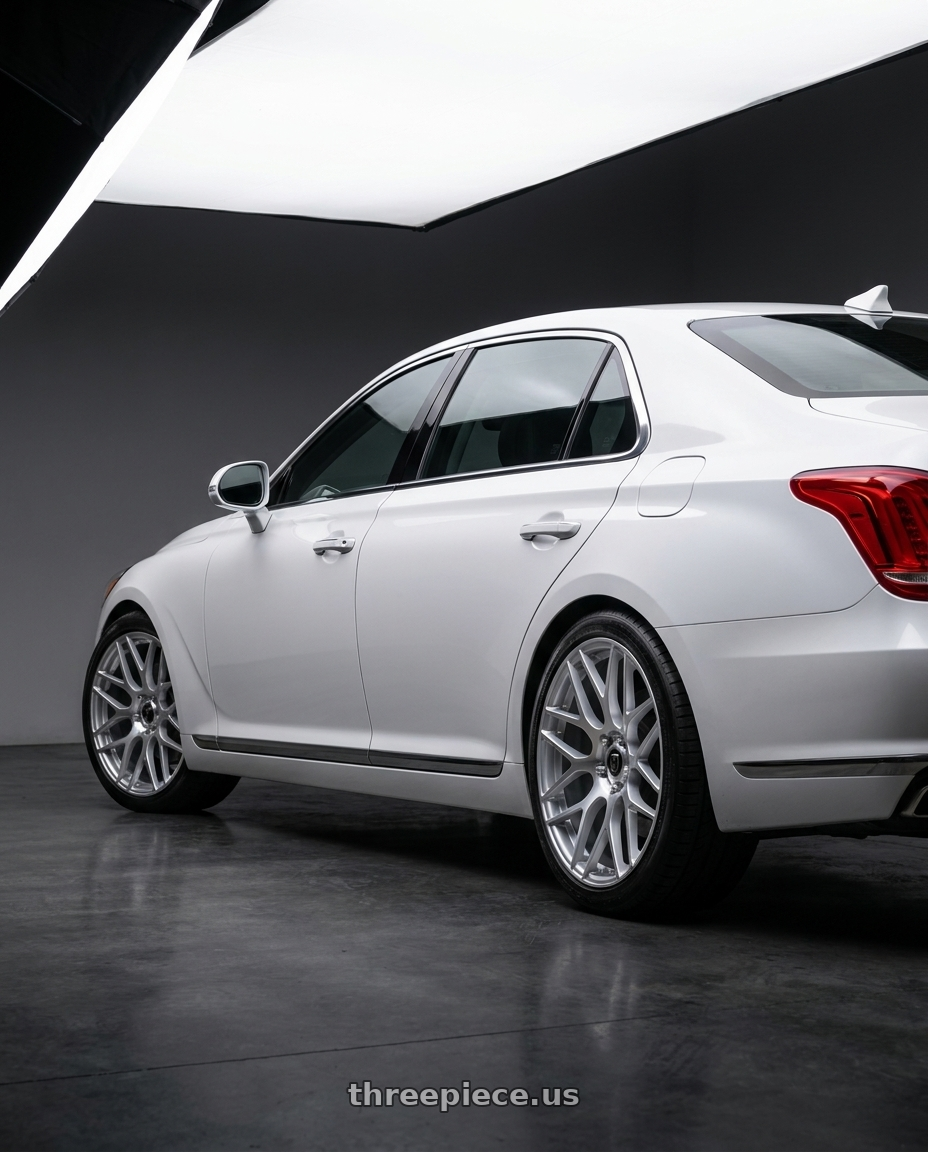 2018 genesis g90 ultimate with MARQUEE WHEELS M6981 5x114.3 20x9+32 SILVER / MACHINED wheels rear three quarter view square tires