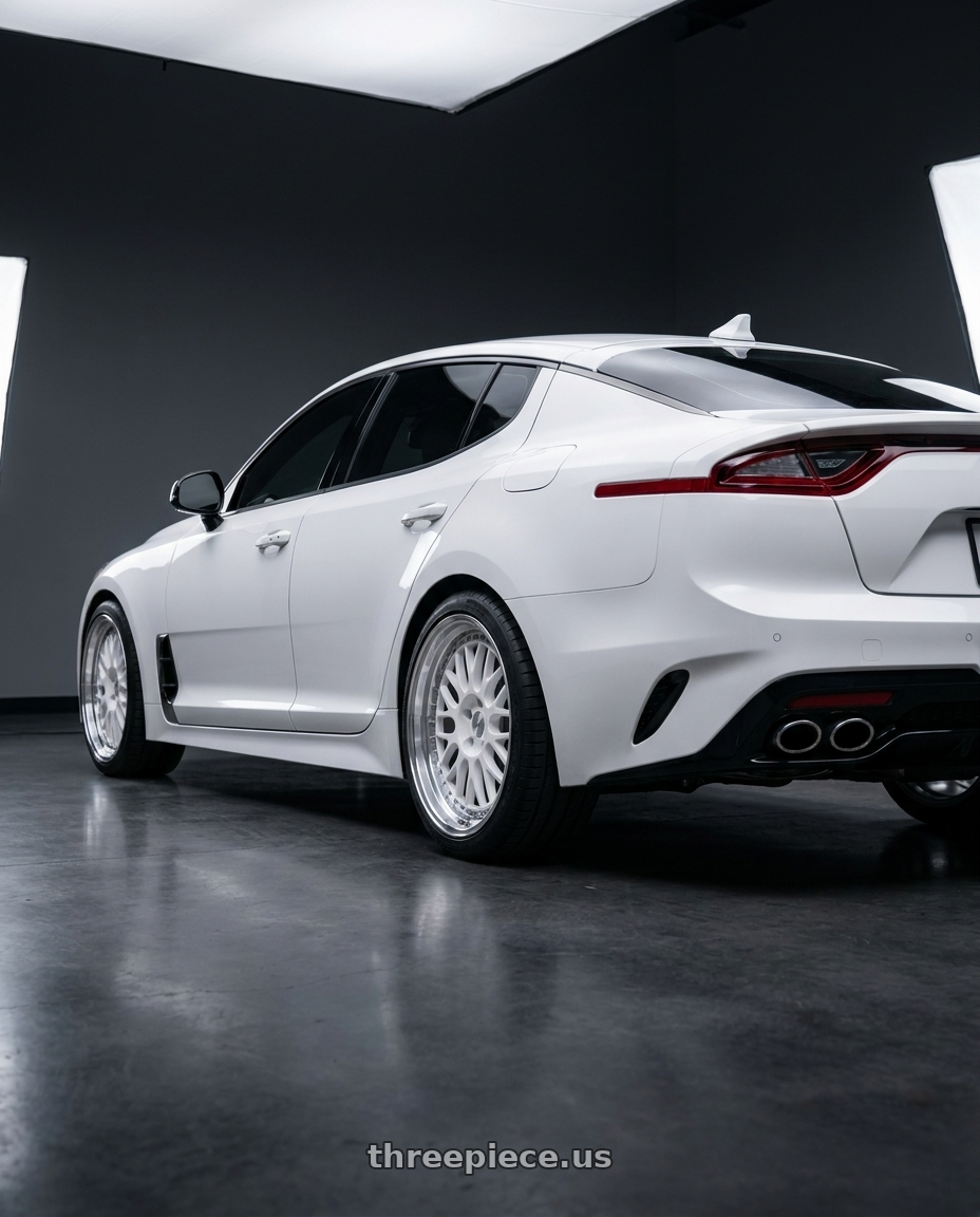 2019 kia stinger gt2 with ESR Wheels SR SERIES SR01 5x114.3 19x8.5 +30 Gloss White wheels rear three quarter view square tires