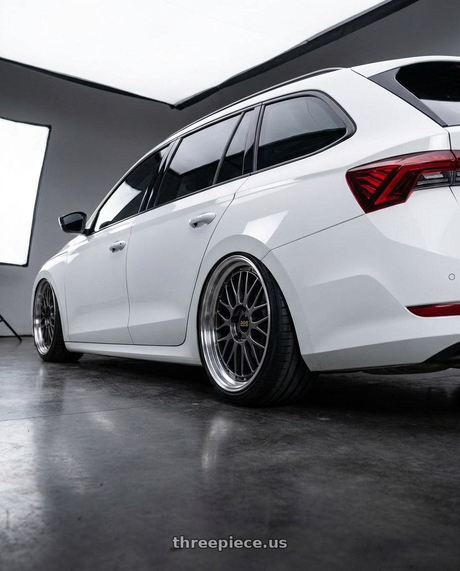 2025 SKODA OCTAVIA with BBS LM 5x112 19x8.5+32 Diamond Black wheels rear three quarter view extreme stretch tires