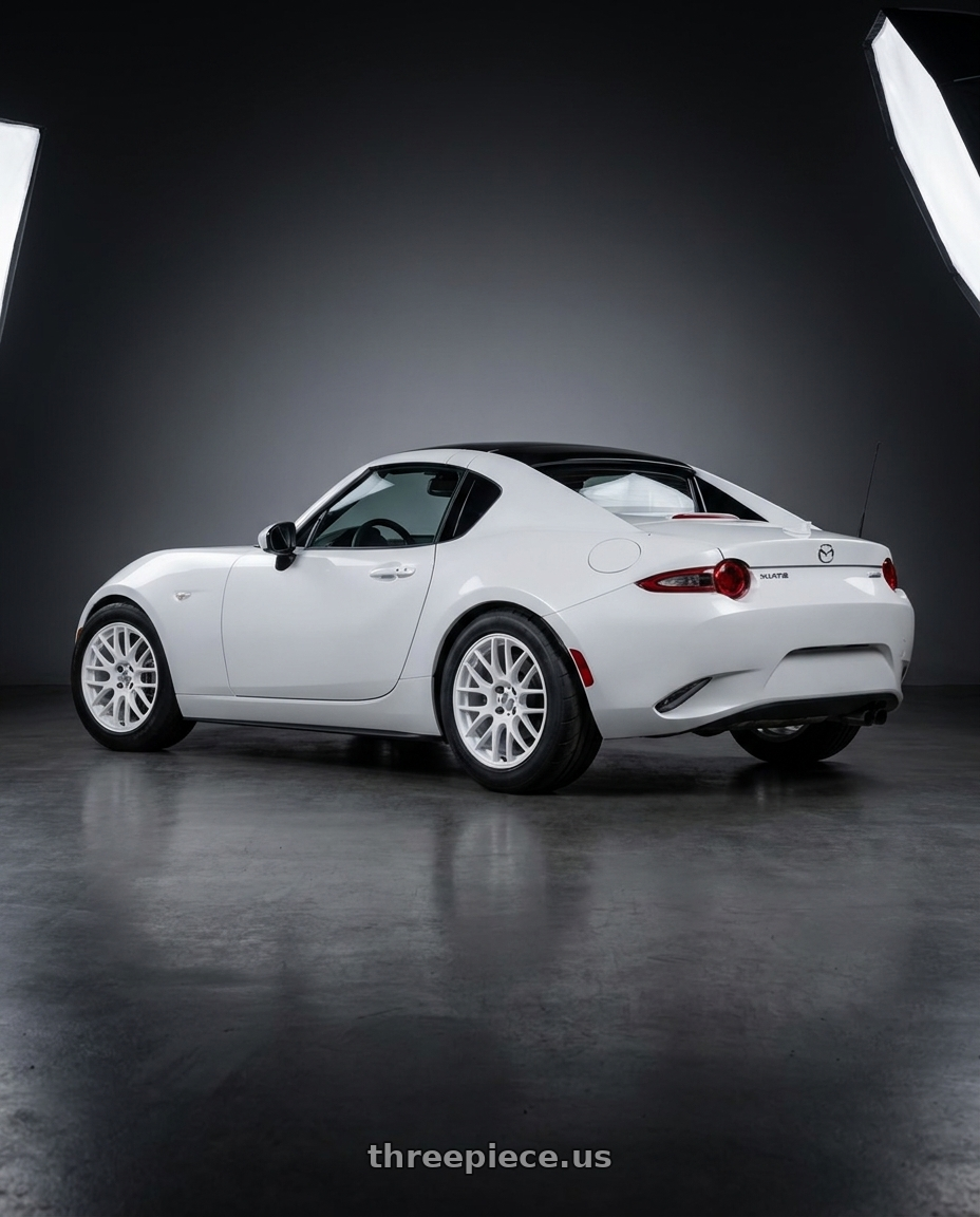 2019 white Mazda miata rf with Work Emotion m8r 4x100 17x7 +38 White wheels rear three quarter view meaty tires