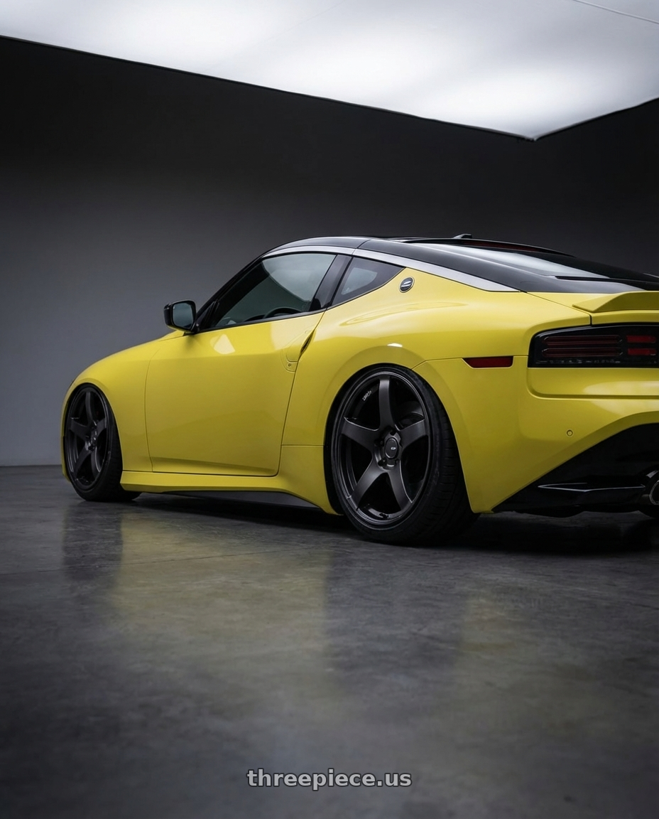 2024 Nissan Z with Ssr Gtv01 5x114.3 19x8.5+38  FLAT BLACK wheels rear three quarter view slight stretch tires