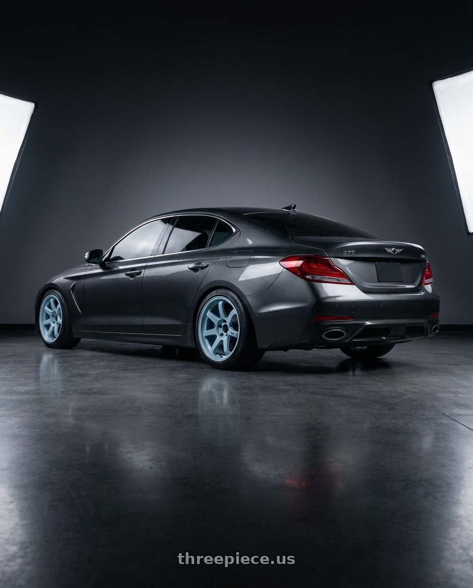 2019 Genesis G70 with Enkei T6R 5x114.3 18x9.5+38 Misty Blue wheels rear three quarter view slight stretch tires