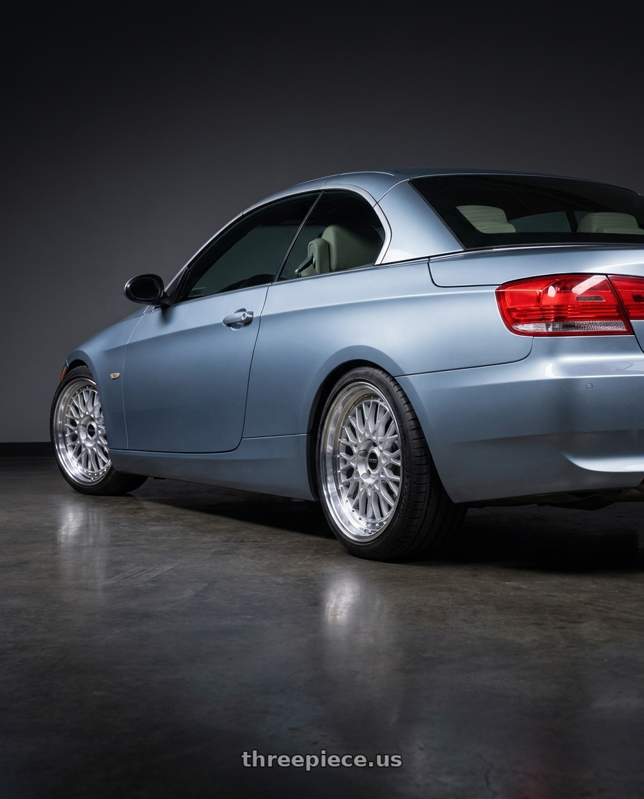 2009 BMW 335i with ARC AR1 5x120 17x8.5  +35 Silver Machine Face Lip Chrome Rivet wheels rear three quarter view square tires