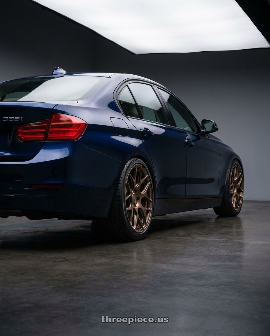 2013 F30 328I with MRR FS1 5x130 18x8.5  +45 Gloss Bronze wheels rear three quarter view square tires