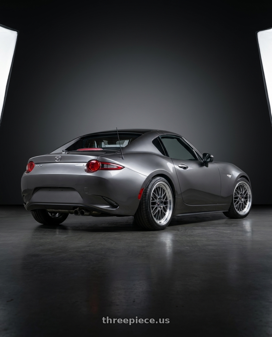 2017 Mazda mx5 rf with Vors VR8 5x105 17x8 +35 Hyper Black Machined Lip wheels rear three quarter view slight stretch tires