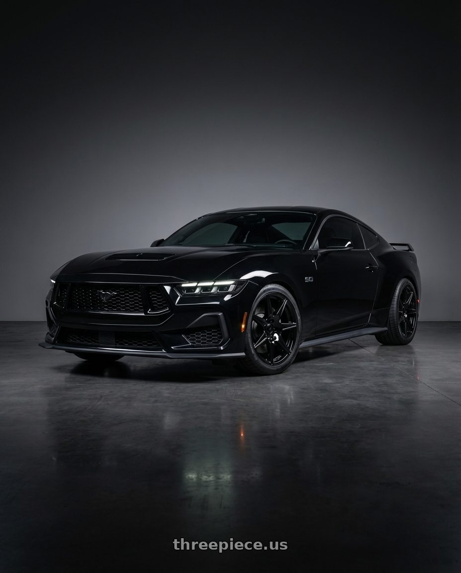 2024 ford mustang gt black manual with Voxx Replica Mustang GT500 5x114.3 19x10+40 Gloss Black wheels front three quarter view lowered stance