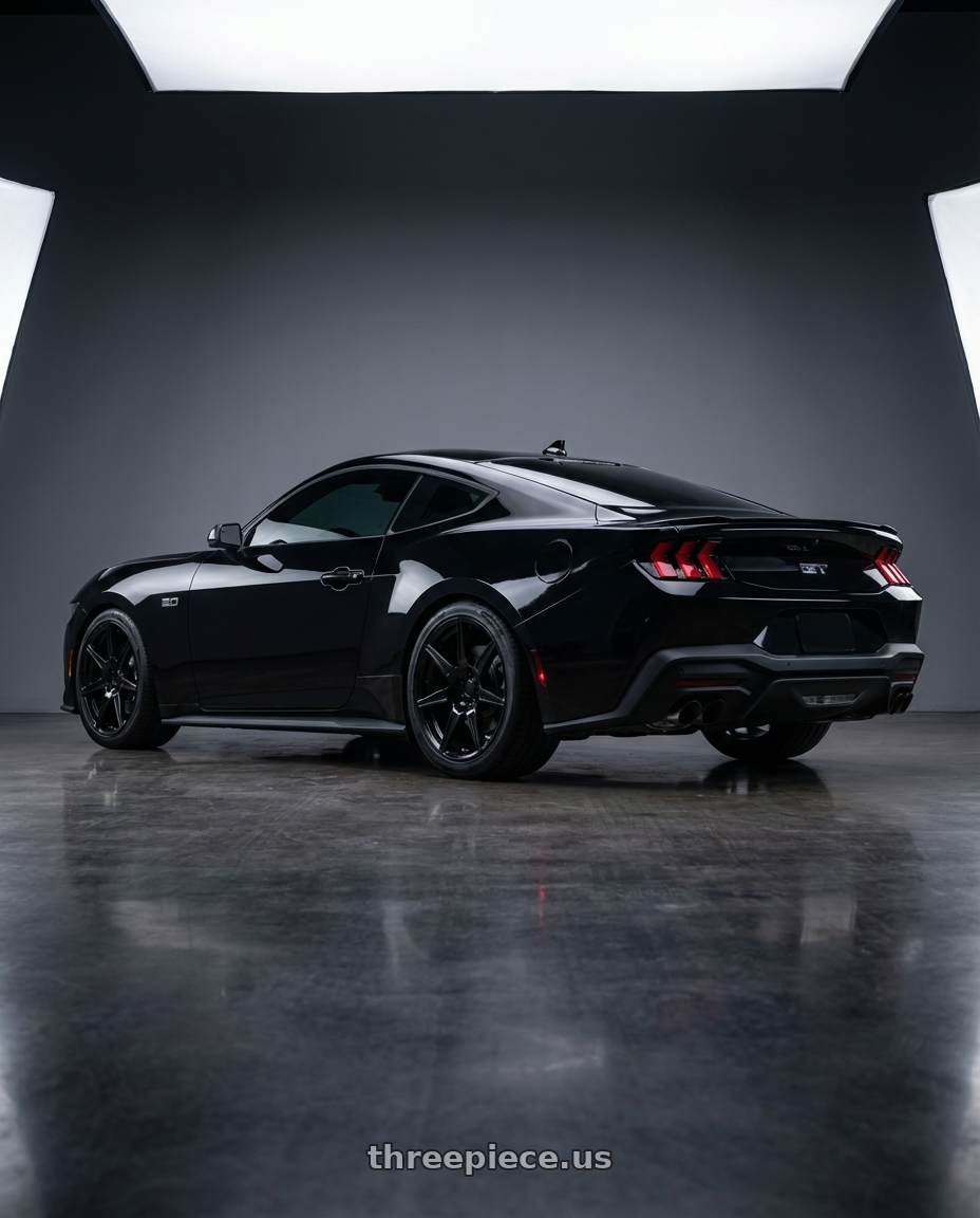 2024 ford mustang gt black manual with Voxx Replica Mustang GT500 5x114.3 19x10+40 Gloss Black wheels rear three quarter view square tires