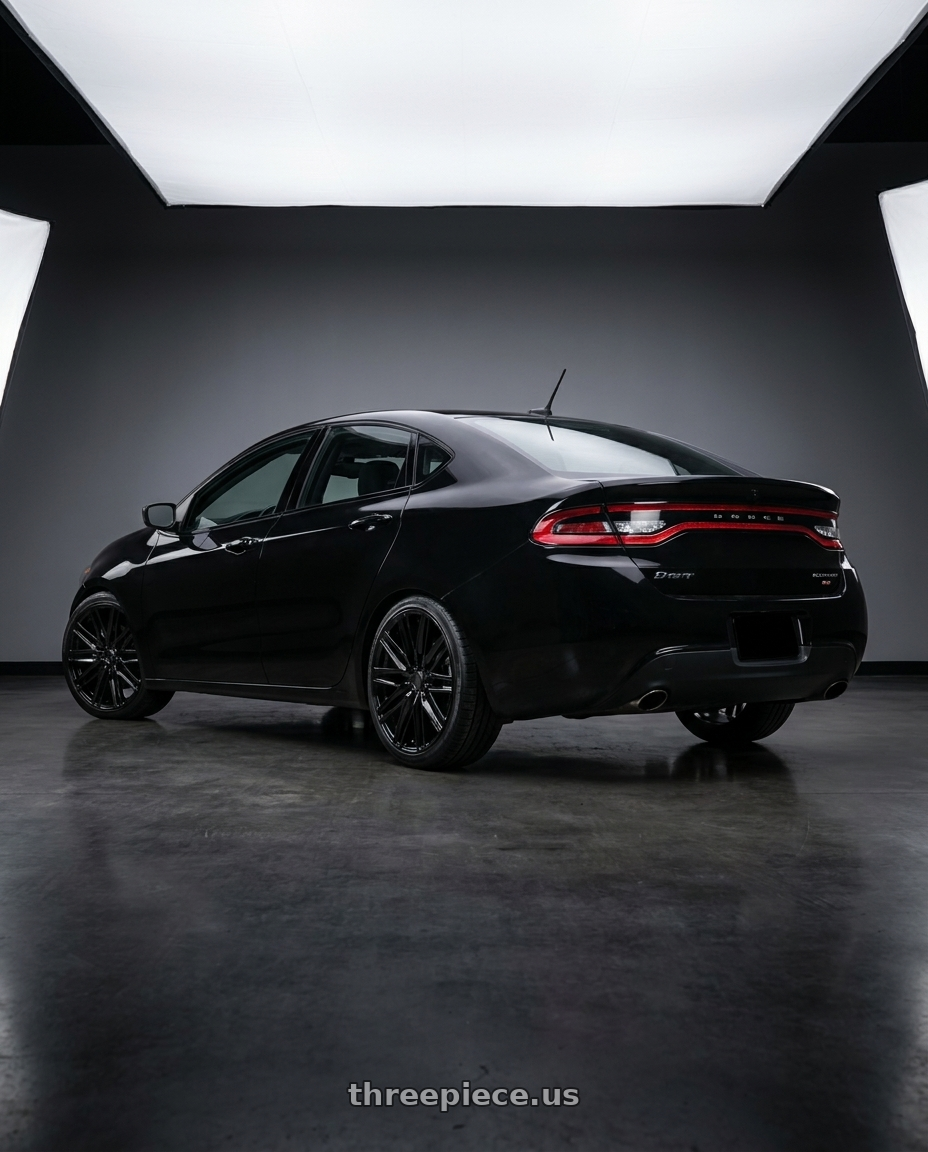 2013 dodge dart with Status ADAMAS 6X139.7 20X9 +15 GLOSS BLACK wheels rear three quarter view slight stretch tires