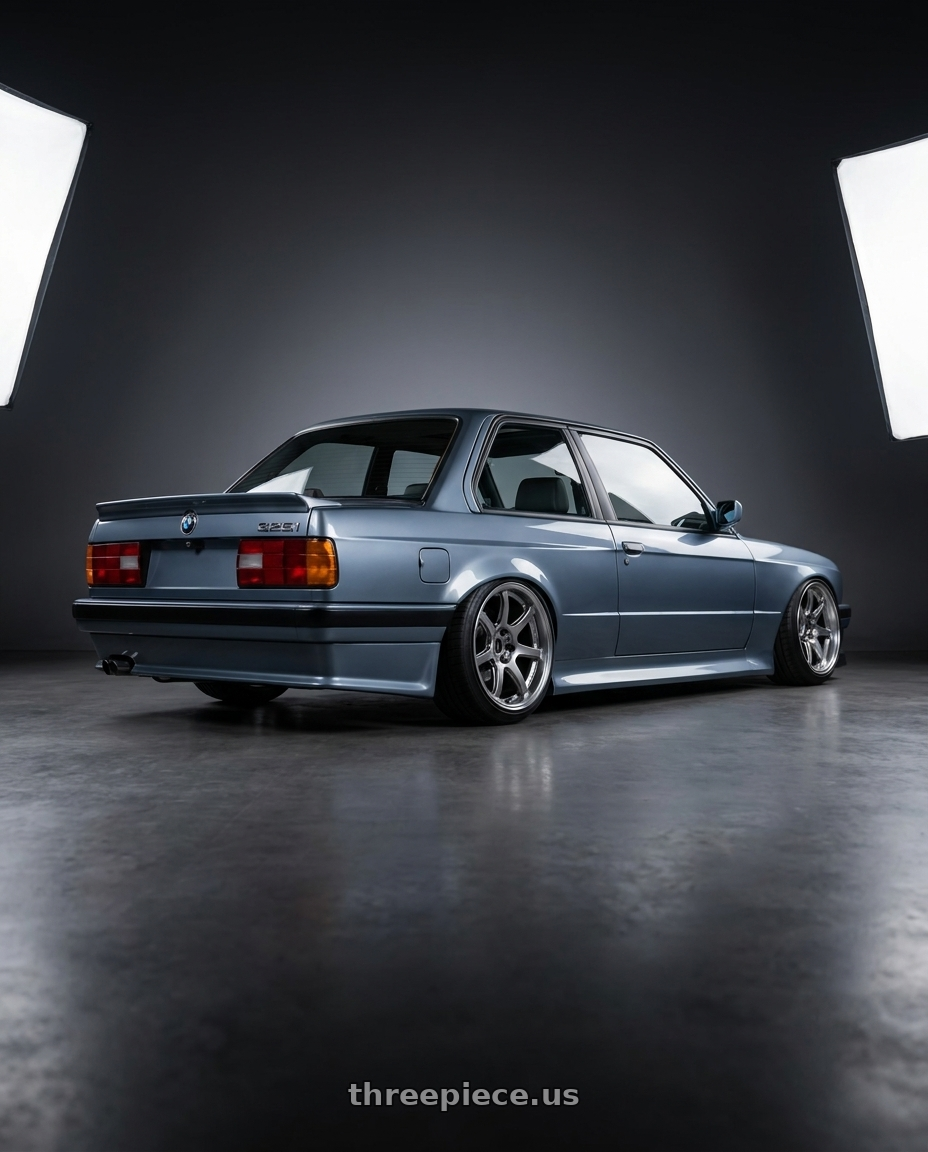 1989 BMW 325i with Work Emotion T7r 5x100 18x10.5 +22 Gt Silver wheels rear three quarter view square tires