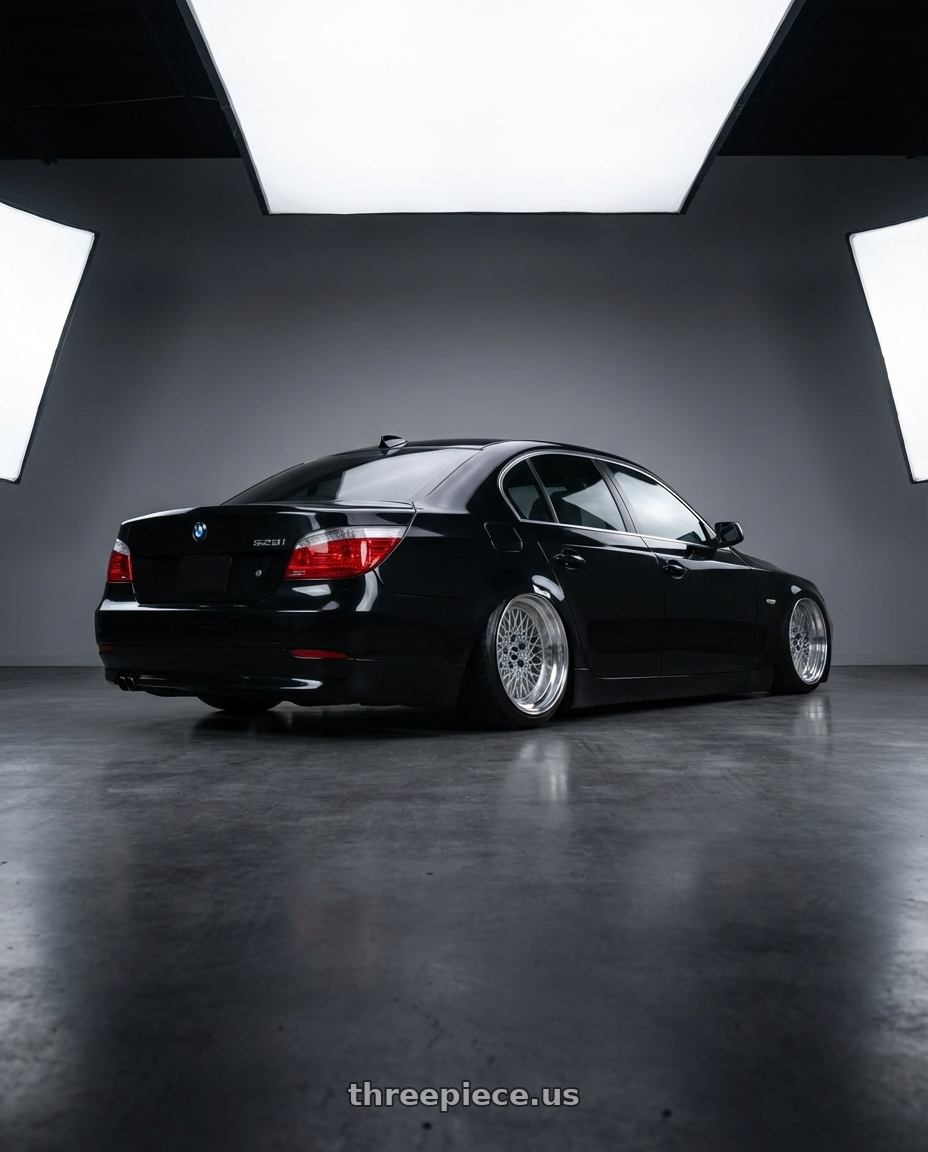 2009 528i bmw with Ns Wheels NS-MDV2 4x114.3 16x9.5 +0 Silver with Machined Lip wheels rear three quarter view slight stretch tires