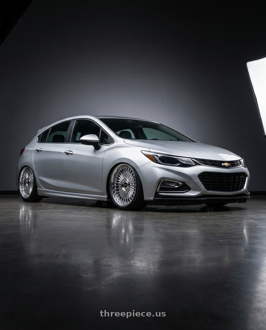 2018 Chevrolet Cruze LT with Work Emitz Chrome 5x105 19x7.5 +38 wheels front three quarter view slammed stance