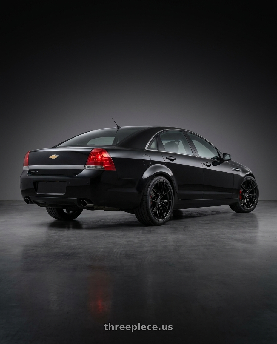 2011 chevy caprice with DEFIANT DF09 5x112 20x9+40 Black wheels rear three quarter view square tires