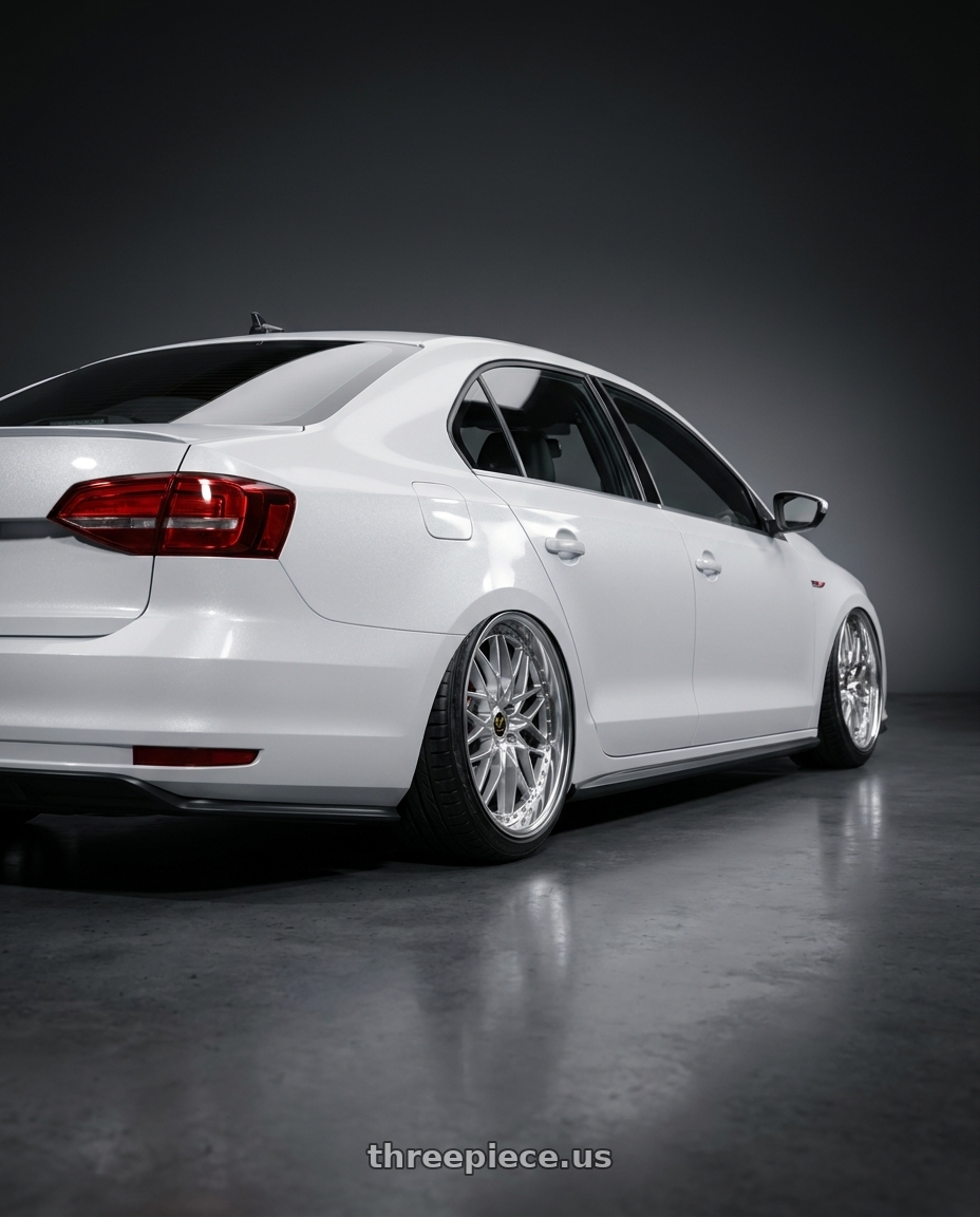 2018 vw jetta gli with Work Vs-Xv 5x112 19x11.5+34 A Disk Silky Rich Silver wheels rear three quarter view slight stretch tires