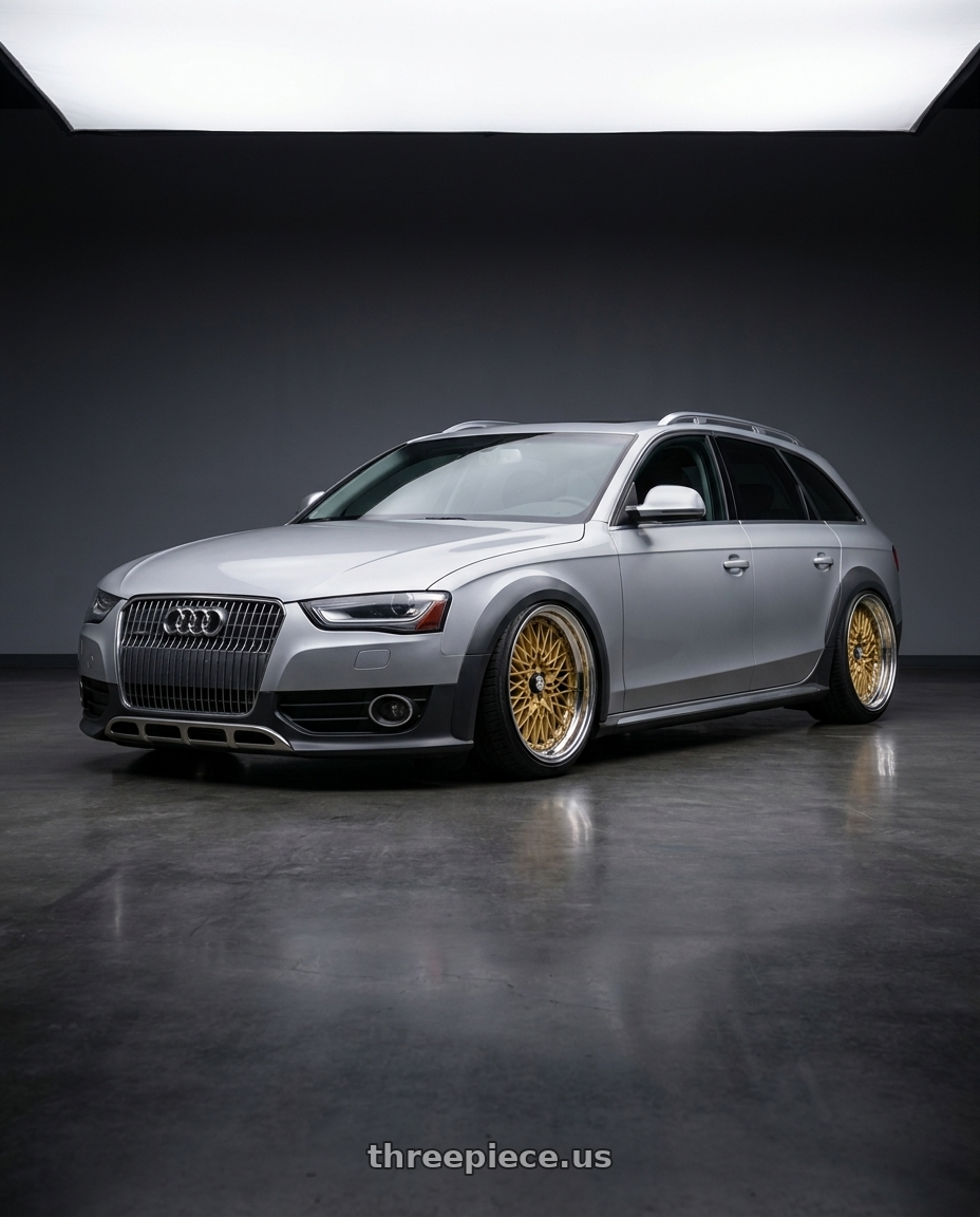 2014 Audi A4 allroad with SSR Formula MESH 5x112 19X10.5+12 HP Disk Fm Gold wheels front three quarter view slammed stance
