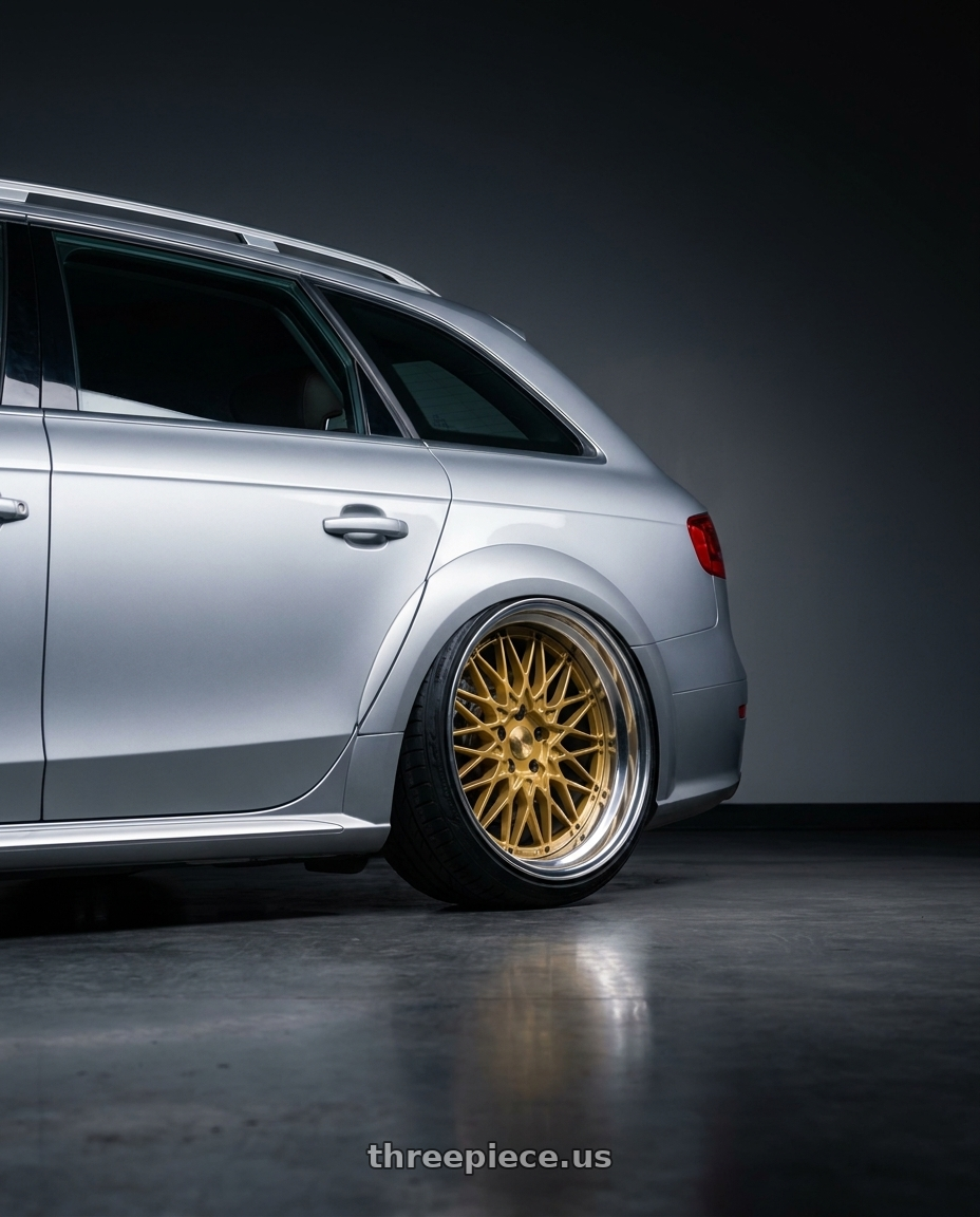 2014 Audi A4 allroad with SSR Formula MESH 5x112 19X10.5+12 HP Disk Fm Gold wheels rear three quarter view extreme stretch tires