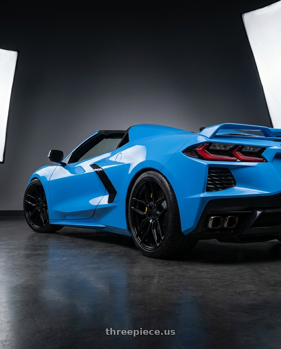 2021 Chev Corvette with OE Wheels CV03D 5x120 20x11+64 Black wheels rear three quarter view square tires