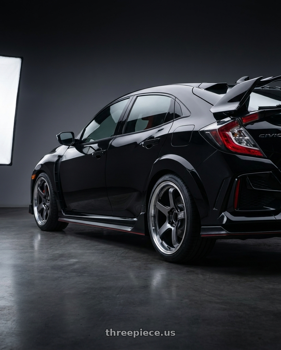 2021 Honda Civic Type R with Advan Racing GT BEYOND 5x120 19x9.5 +45 MACHINING & HYPER PLATINUM BLACK wheels rear three quarter view square tires