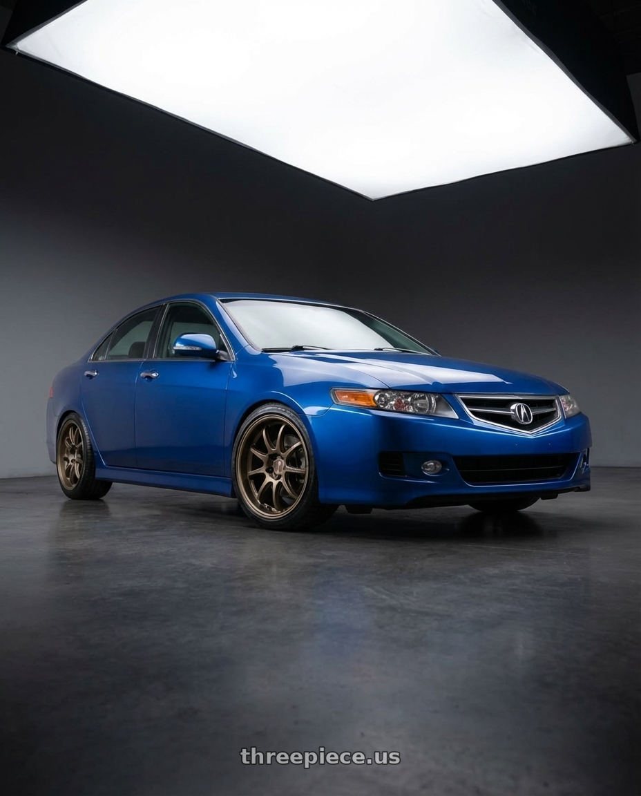 2003 Acura Tsx with Work Emotion D9r 5x100 18x8.5 +32 Matte Bronze wheels front three quarter view lowered stance