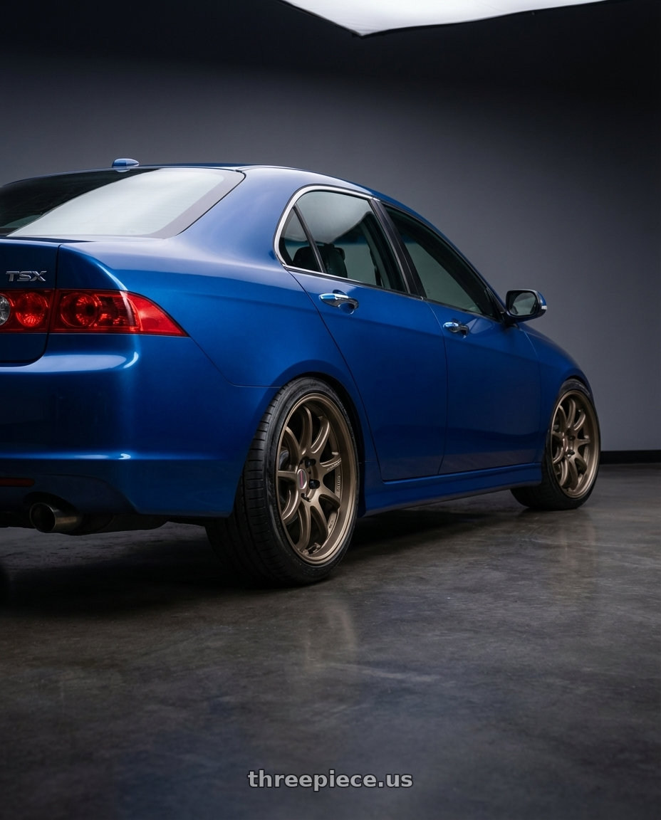 2003 Acura Tsx with Work Emotion D9r 5x100 18x8.5 +32 Matte Bronze wheels rear three quarter view slight stretch tires