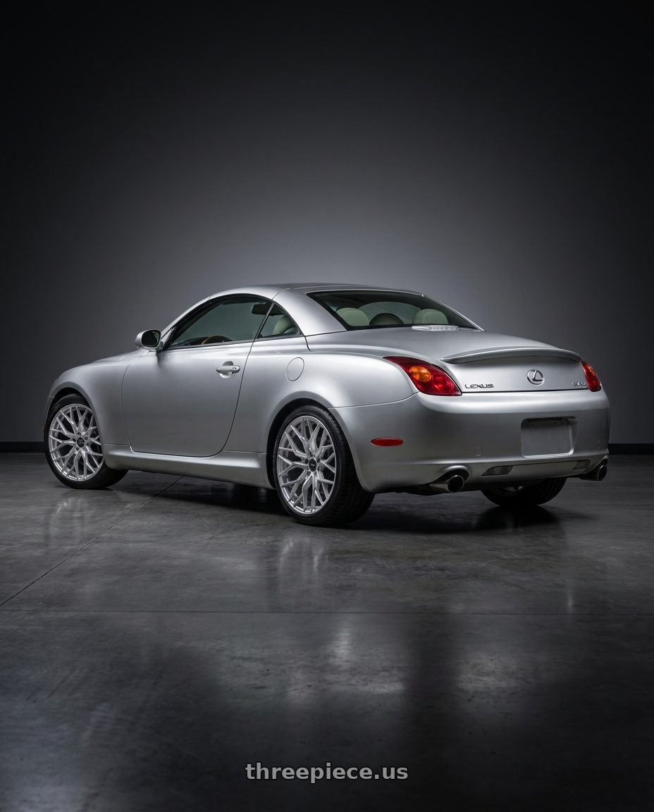 2004 Lexus sc 430 with F1R FS3 5x114 18x9.5 +38 Machine Silver wheels rear three quarter view square tires