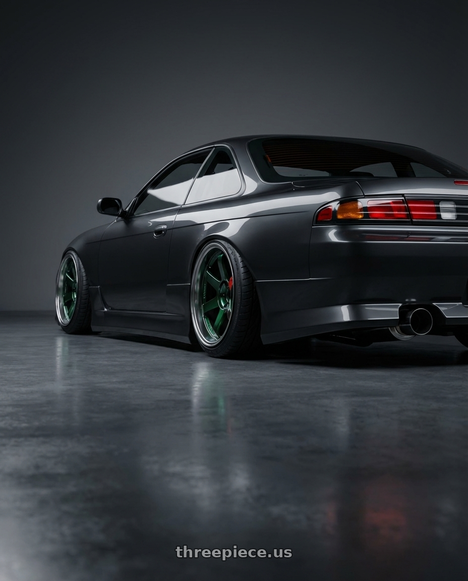 1998 nissan 240sx with Volk Racing TE37SL 5x120 19x10.5 +22 RACING GREEN wheels rear three quarter view extreme stretch tires