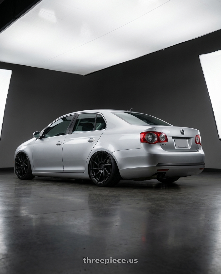 2009 Volkswagen Jetta GLI MK5 with Aodhan AH09 5x112 18x9.5 +35 Matte Black wheels rear three quarter view slight stretch tires