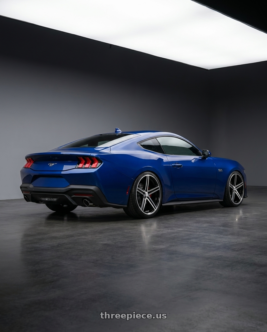 2024 mustang eco with REPLICA 248 5X114.3 22x8.5 +38 BLACK MACHINED wheels rear three quarter view slight stretch tires