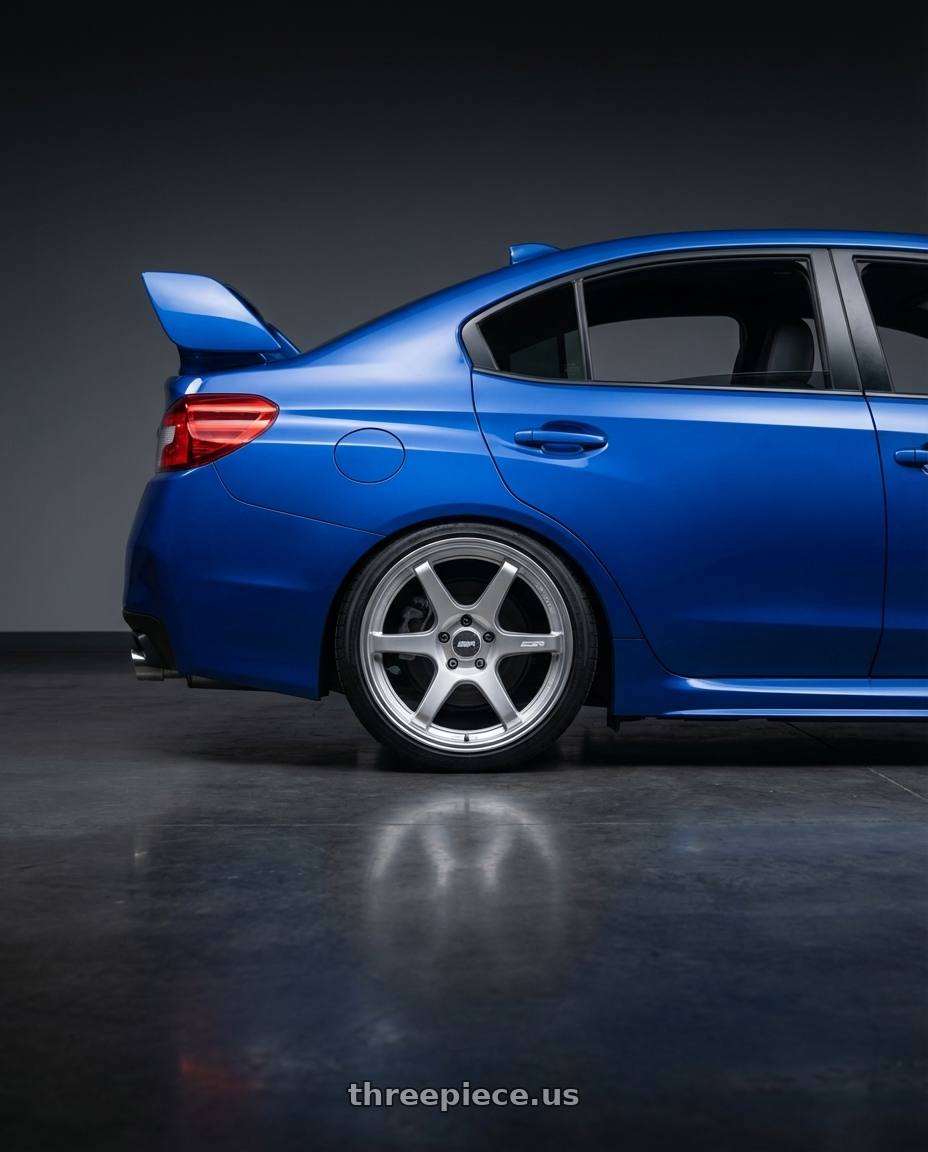 2018 Subaru WRX STI with ESR Wheels APEX SERIES AP6 5x114.3 18x10.5 +22 Hyper Silver wheels rear three quarter view square tires