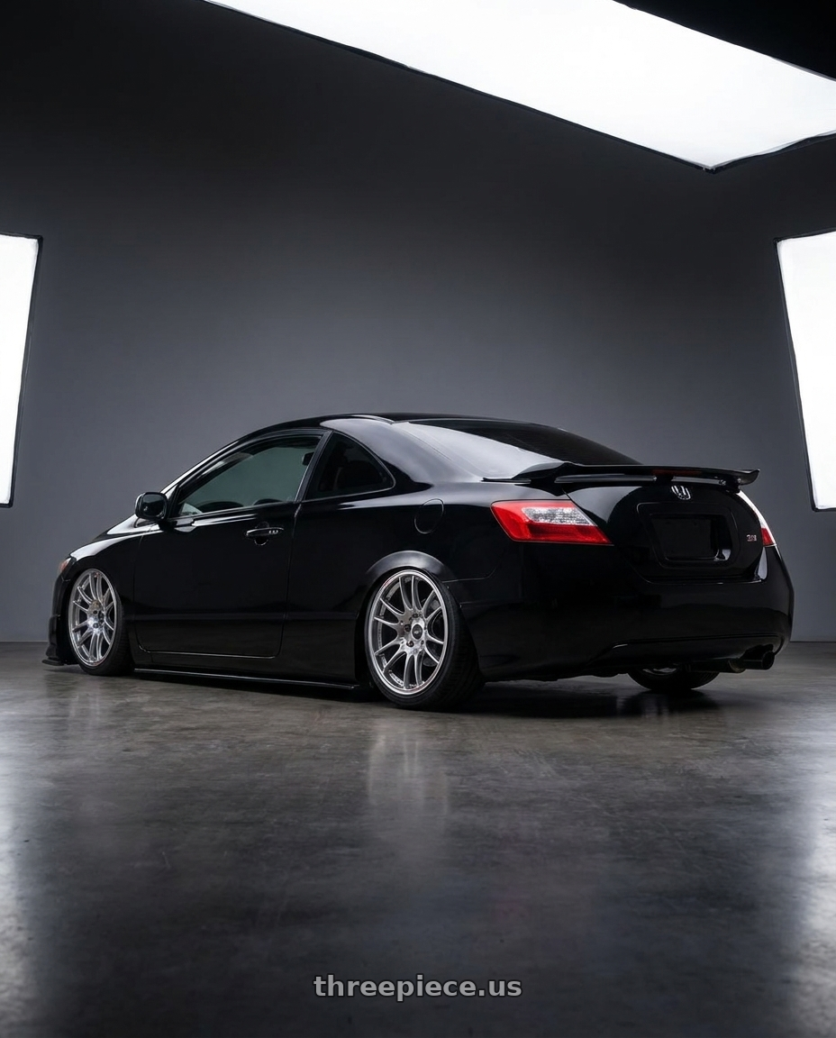 2008 Honda civic si with Enkei GTC02 5x114.3 18x8+35 Hyper Silver wheels rear three quarter view slight stretch tires