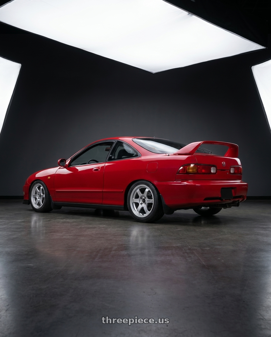 1997 Acura Integra with Volk Racing TE37 SONIC 4x100 16x8+35 Diamond Silver wheels rear three quarter view square tires