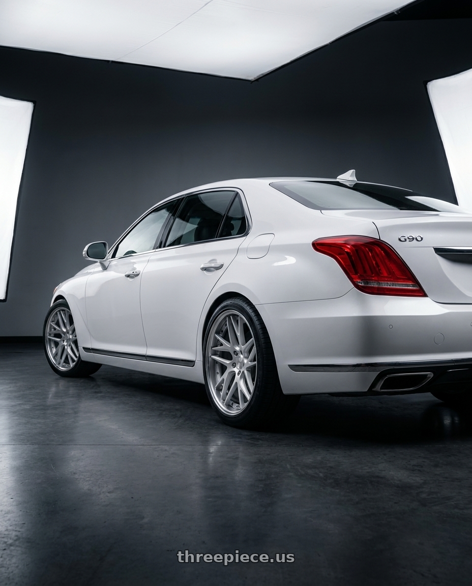 2018 genesis g90 with Work Gnosis Cvx 5x112 19x10+0 W Disk Matte Silver wheels rear three quarter view square tires
