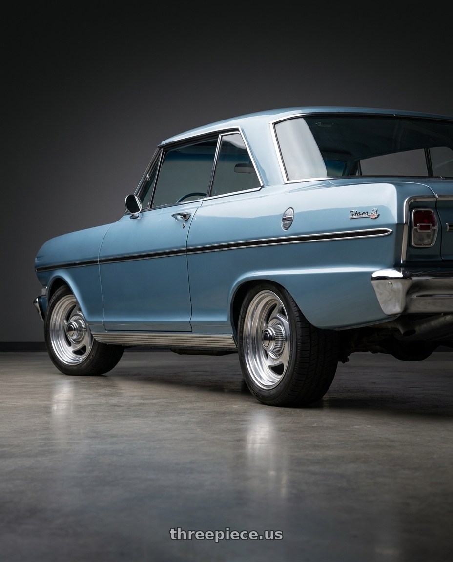 1963 chevy nova with Vision American-Muscle 55 Rally 6x139.7 15x7+6 Silver wheels rear three quarter view square tires