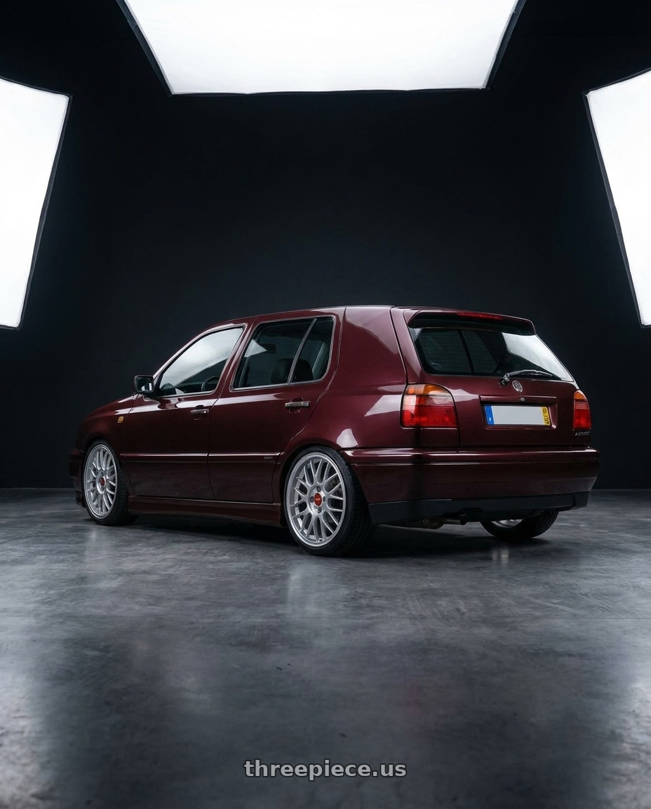 1995 vw golf mk3 hatchback ABT , Dark Burgundy Pearl with BBS RG-F 4x100 15x7 +33 Sport Silver wheels rear three quarter view square tires
