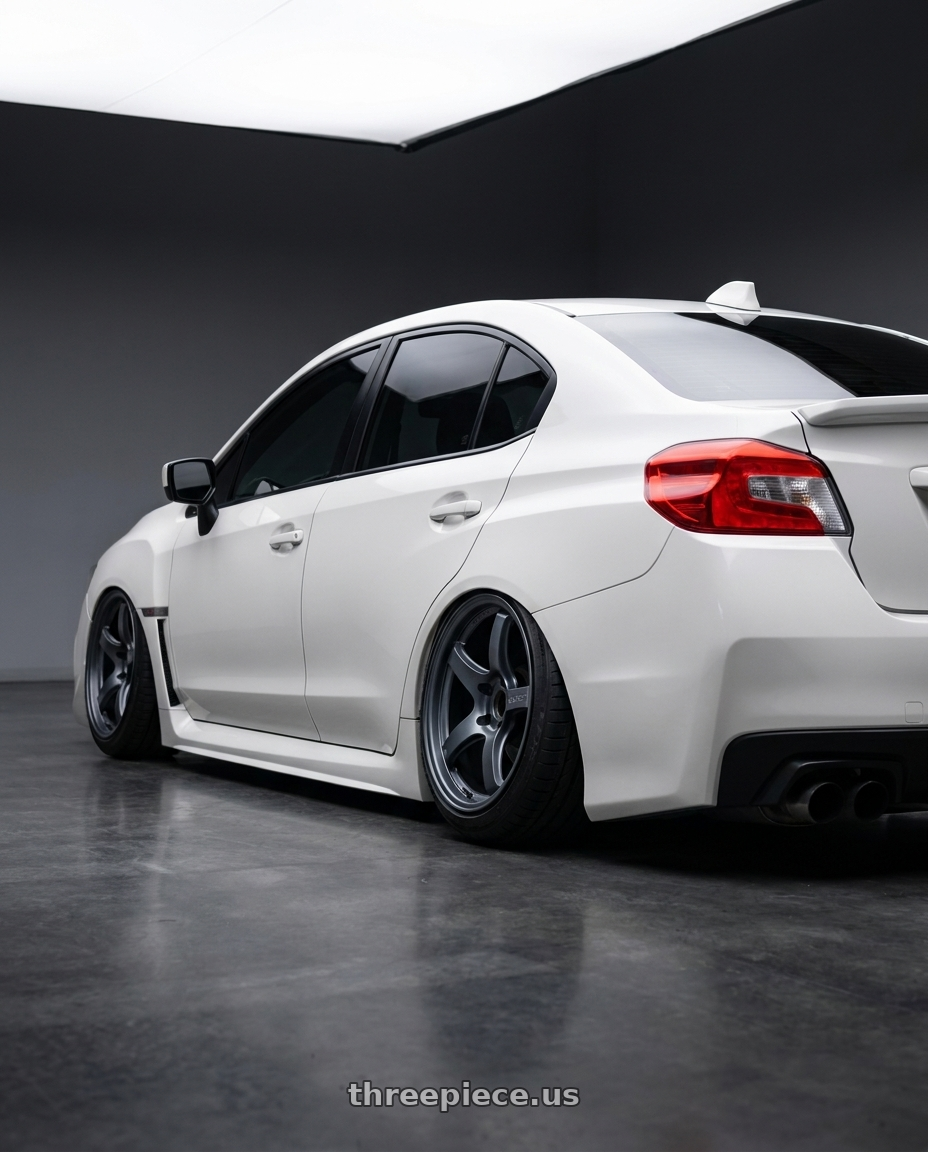 2018 Subaru wrx  with Gram Lights 57CR 5x114.3 18x9.5+12 Gunblue II wheels rear three quarter view extreme stretch tires