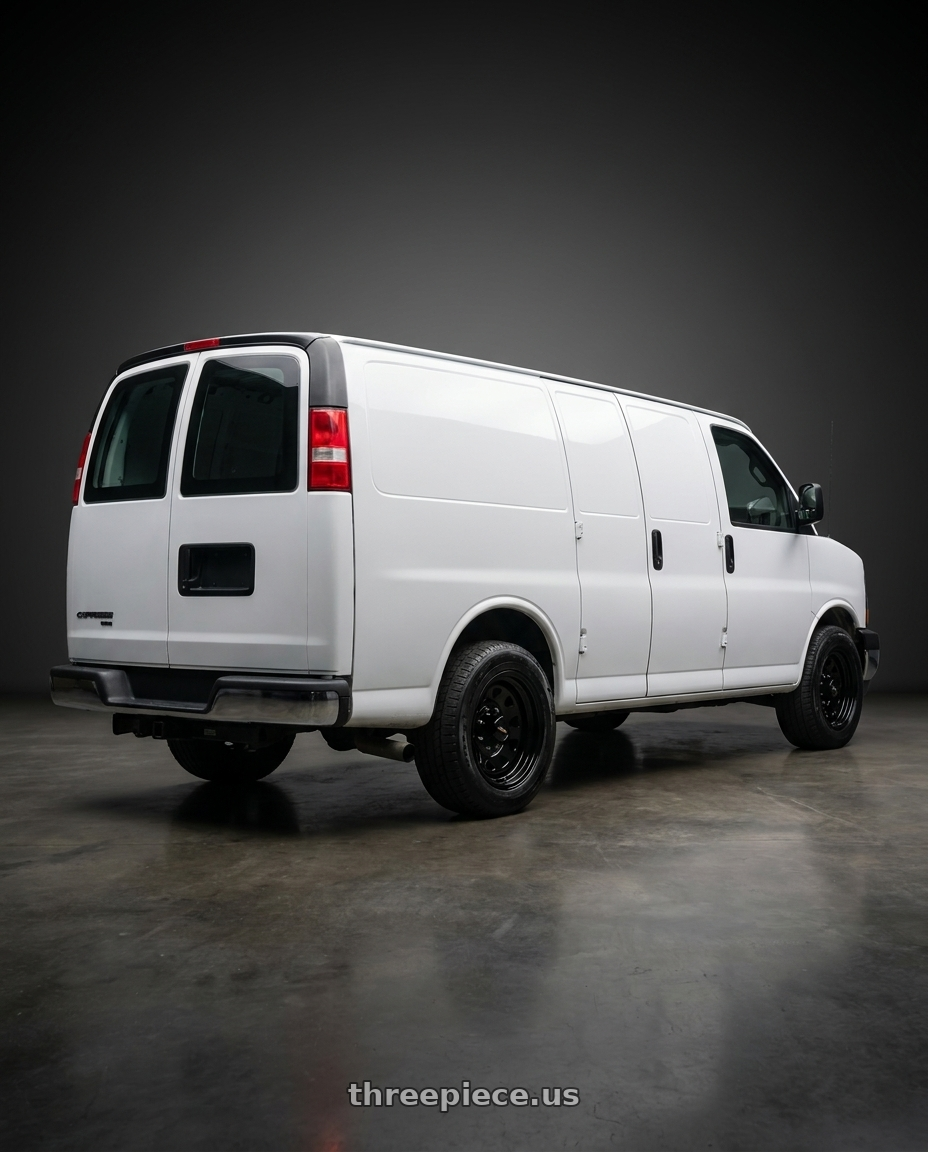 2022 Chevrolet extended express van with Vision HD 84H 8x165.1 17x9-12 Gloss Black wheels rear three quarter view slight stretch tires