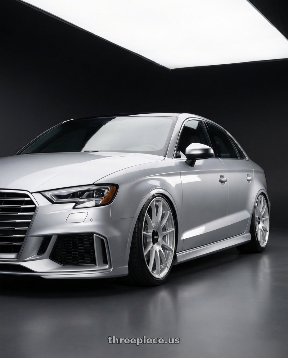 2016 Audi S3 with Rotiform 1PC R170 DTM 5X112/5X120 20X8.5 +35 SILVER wheels front three quarter view lowered stance