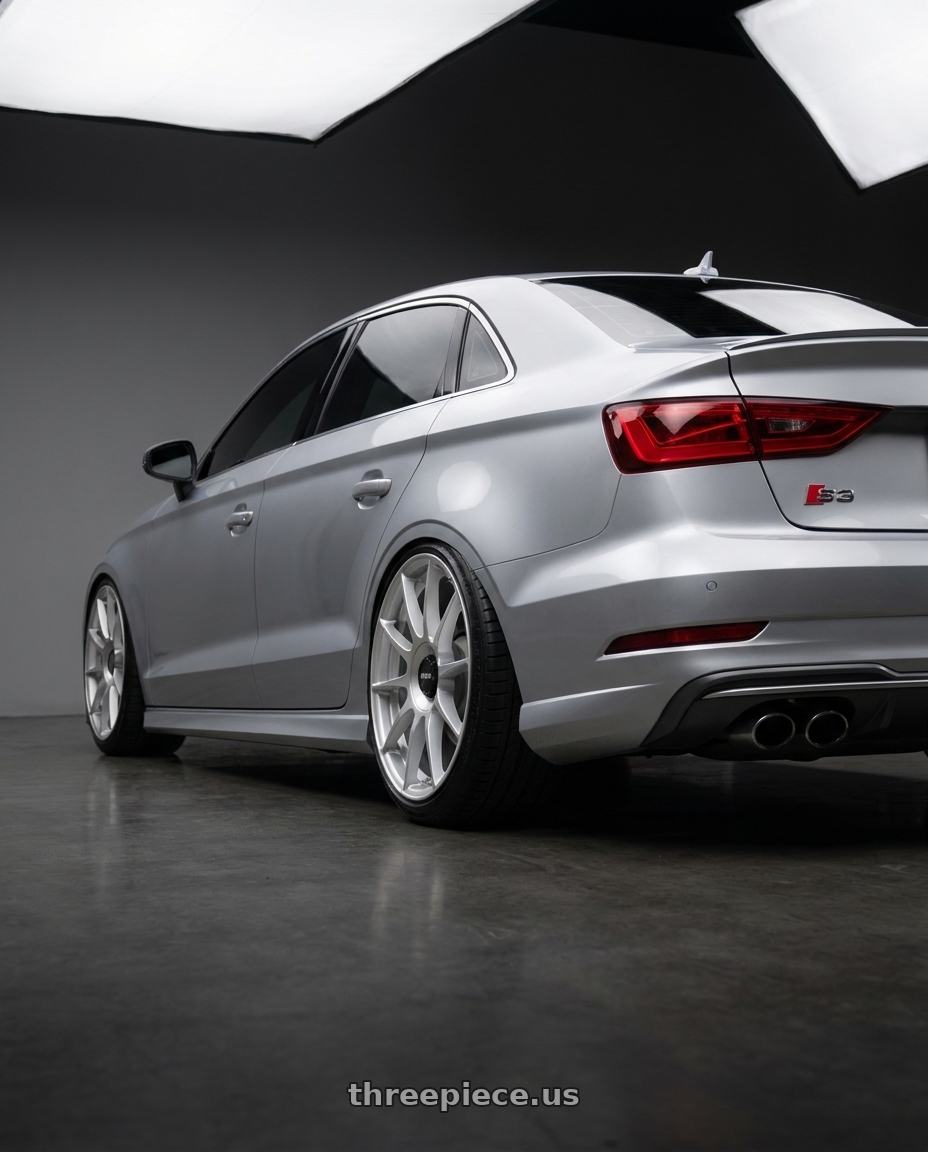 2016 Audi S3 with Rotiform 1PC R170 DTM 5X112/5X120 20X8.5 +35 SILVER wheels rear three quarter view extreme stretch tires