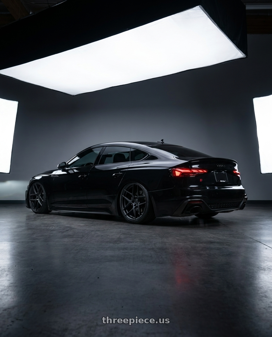 2022 Audi RS5 with Aodhan AFF2 5x112 20x9+30 Matte Black wheels rear three quarter view slight stretch tires