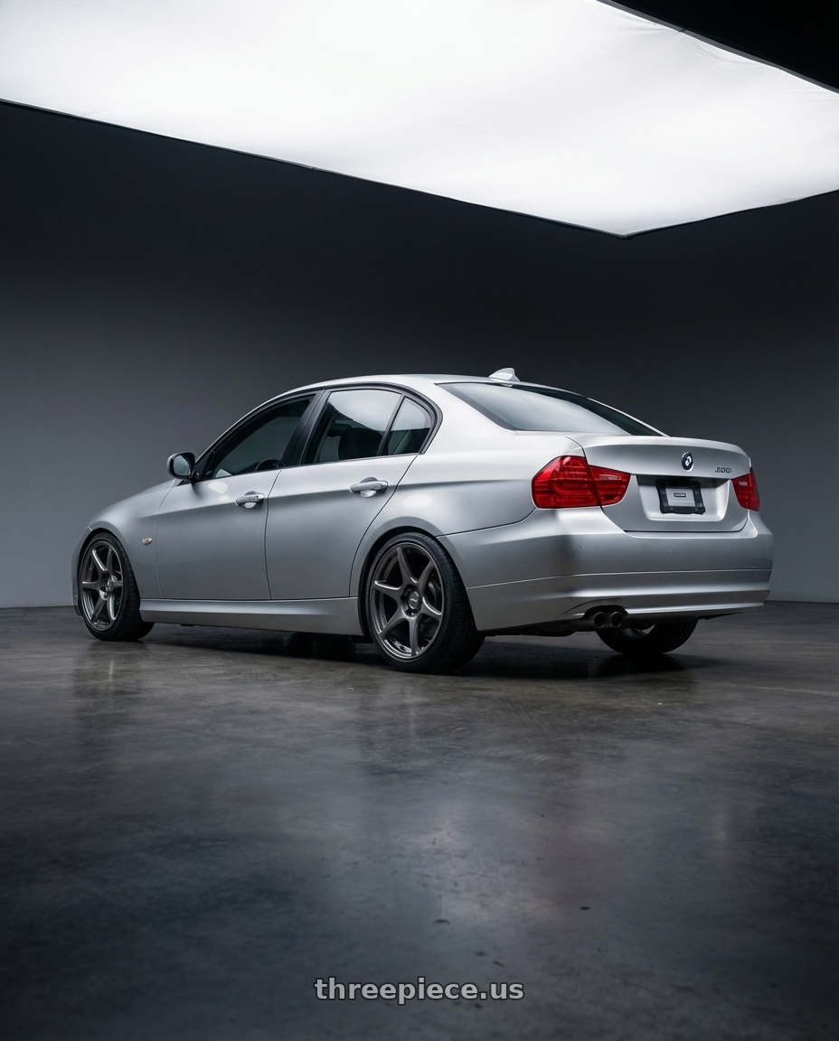 2012 BMW 3 Series E92 with Kansei K11G Tandem 5X120 18x9.5 22 Gunmetal wheels rear three quarter view square tires
