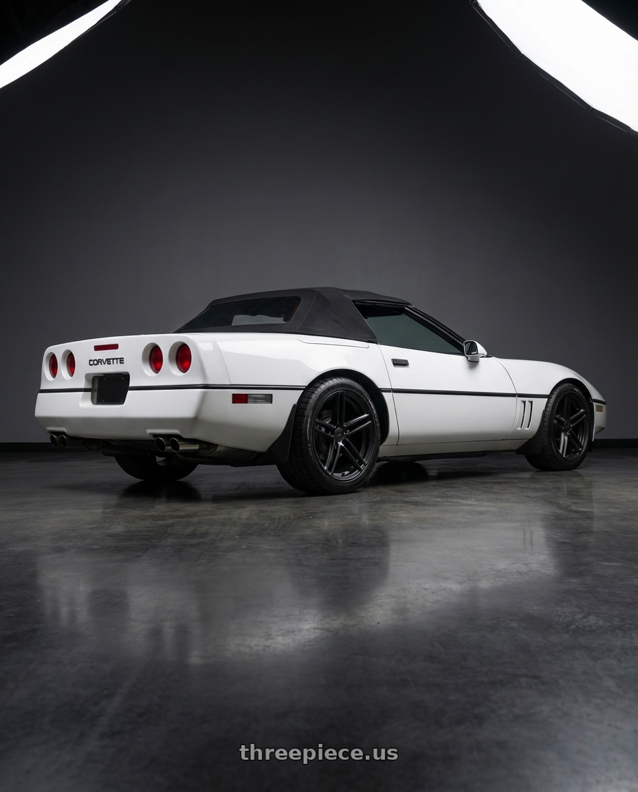 1987 Chevy corvette with TSW CHAPELLE 5X120 17X8 +35 MATTE BLACK wheels rear three quarter view square tires