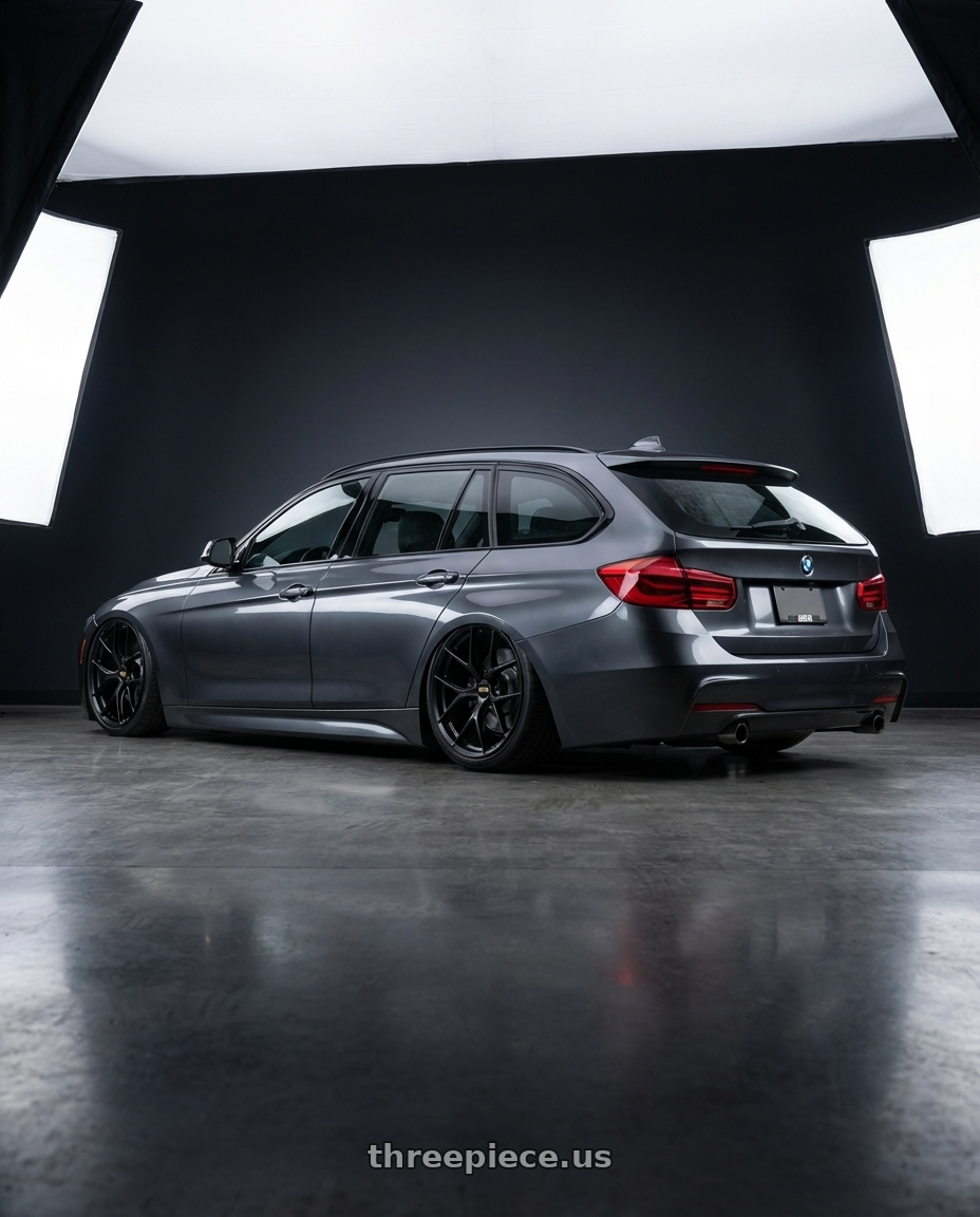 2016 BMW 3 Series F30 with BBS FI-R 5x120 19x9.5+22 Satin Black wheels rear three quarter view slight stretch tires