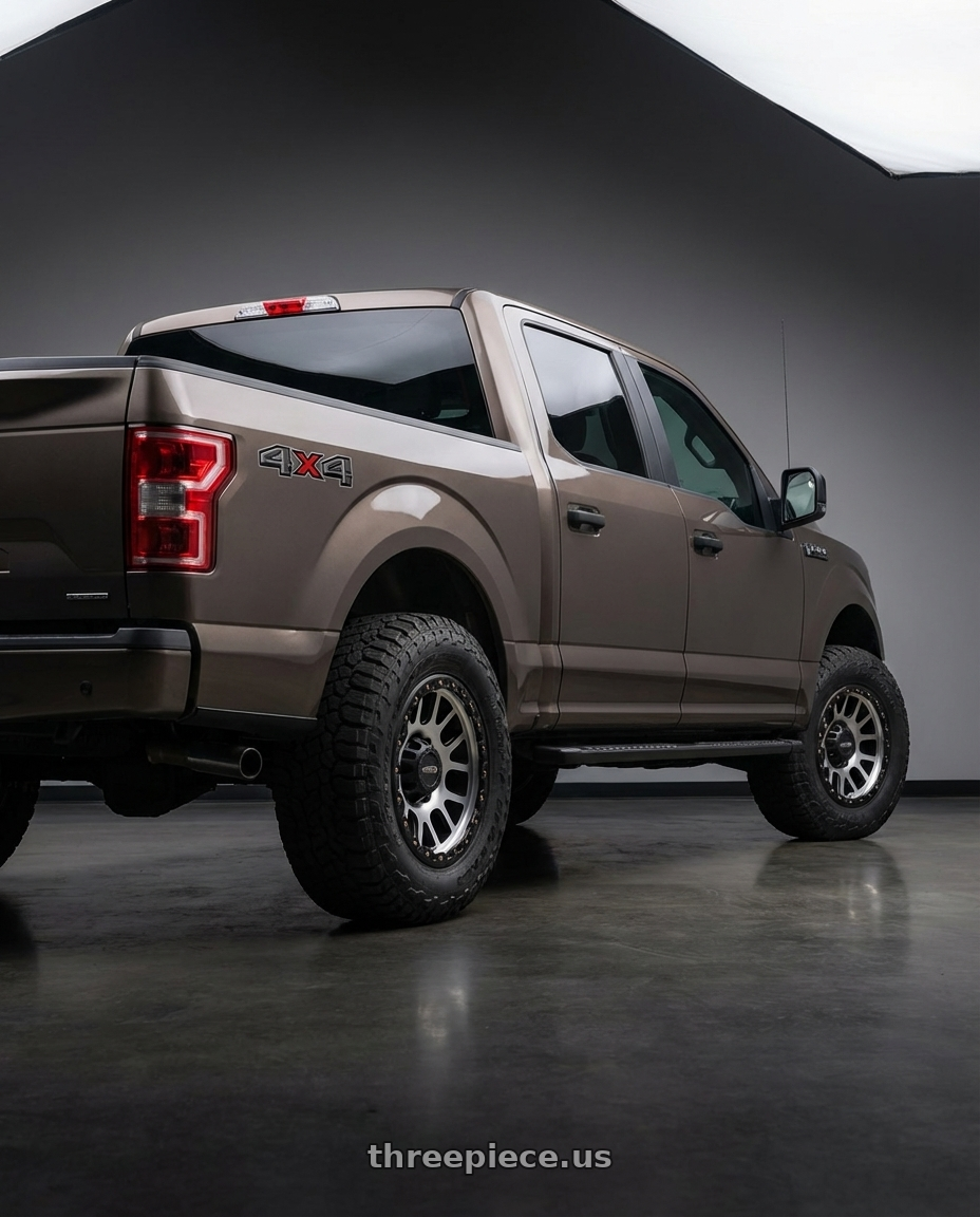 2019 Ford F-150 with Vision Off-Road 111 Nemesis 6x135 20x9+0 Matte Black Machined Face wheels rear three quarter view meaty tires