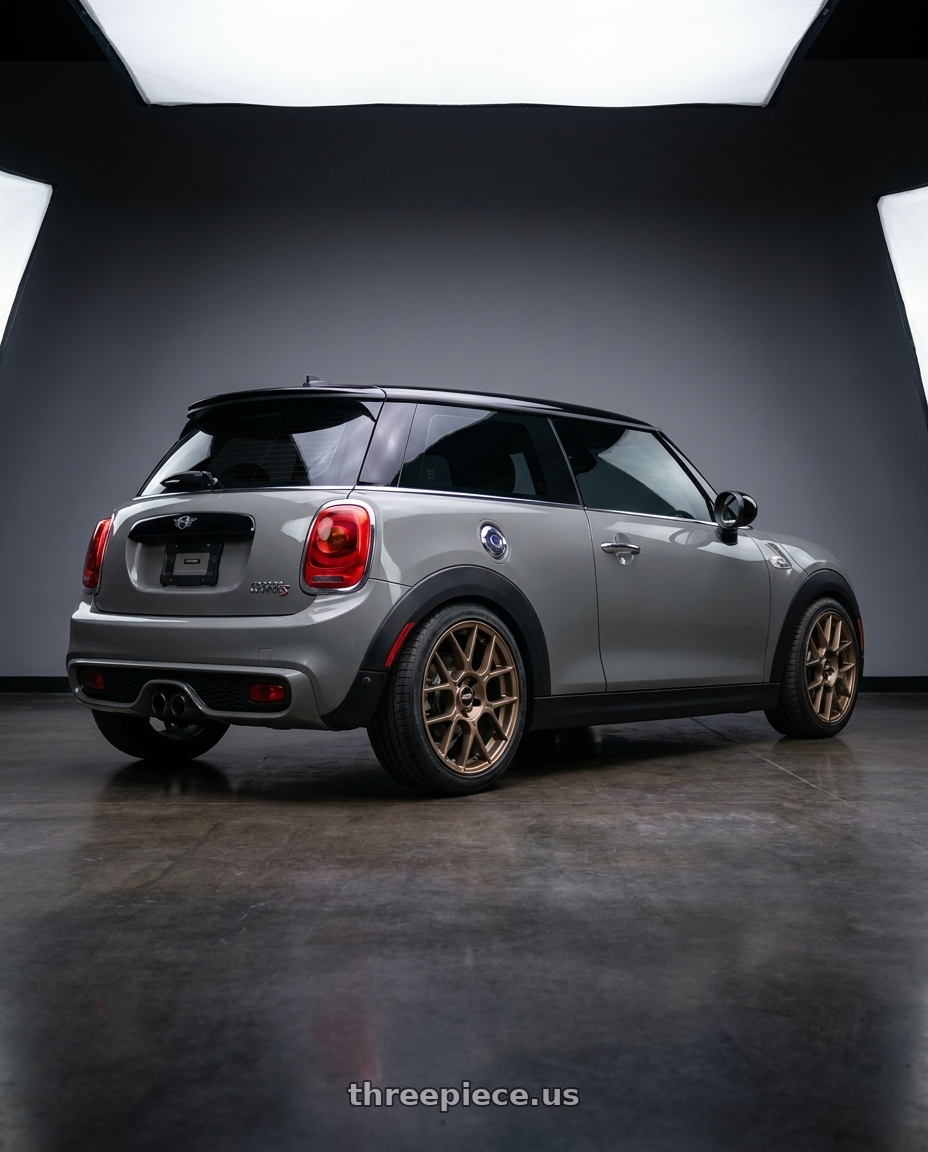 2014 mini cooper S with BBS XR 5x112 18x8.0+28 Matte Bronze wheels rear three quarter view slight stretch tires